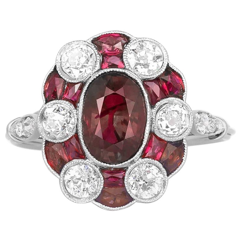 Antique Art Deco 1920s 5.00 Carat Ruby and 1.10 Carat Diamond Flower Ring