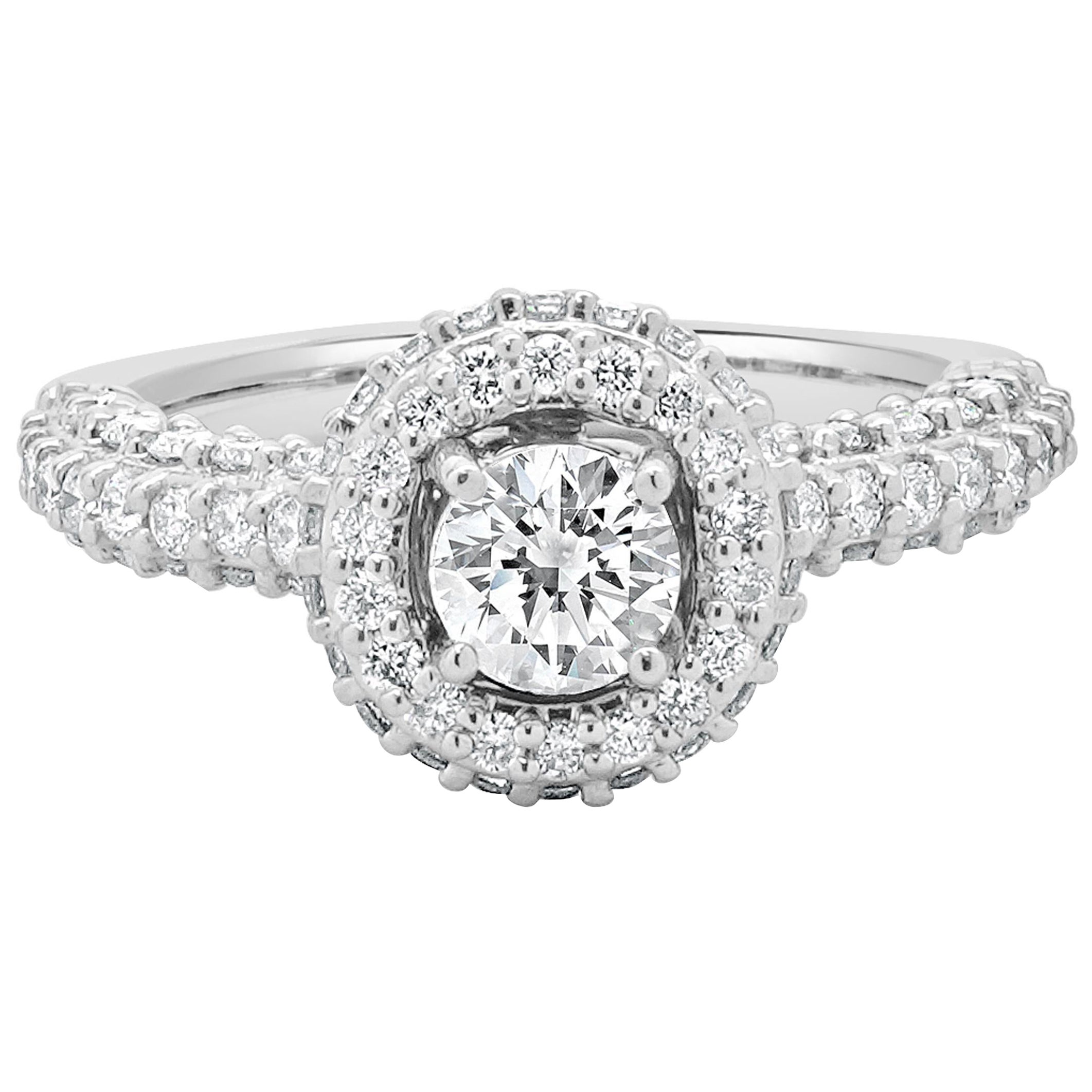 14 Karat White Gold Round Diamond Halo Engagement Ring
