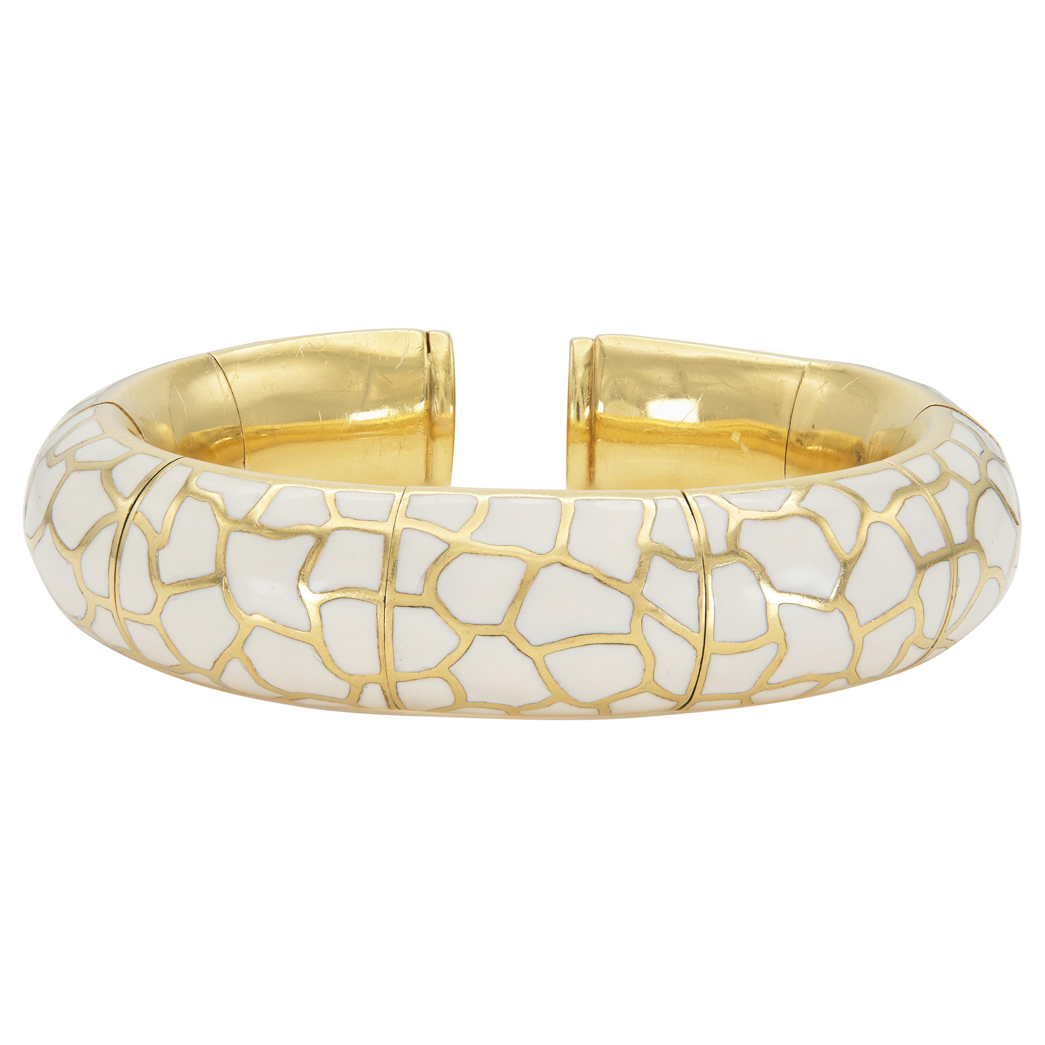 Vintage 1970s Gold and White Enamel Cuff Bracelet