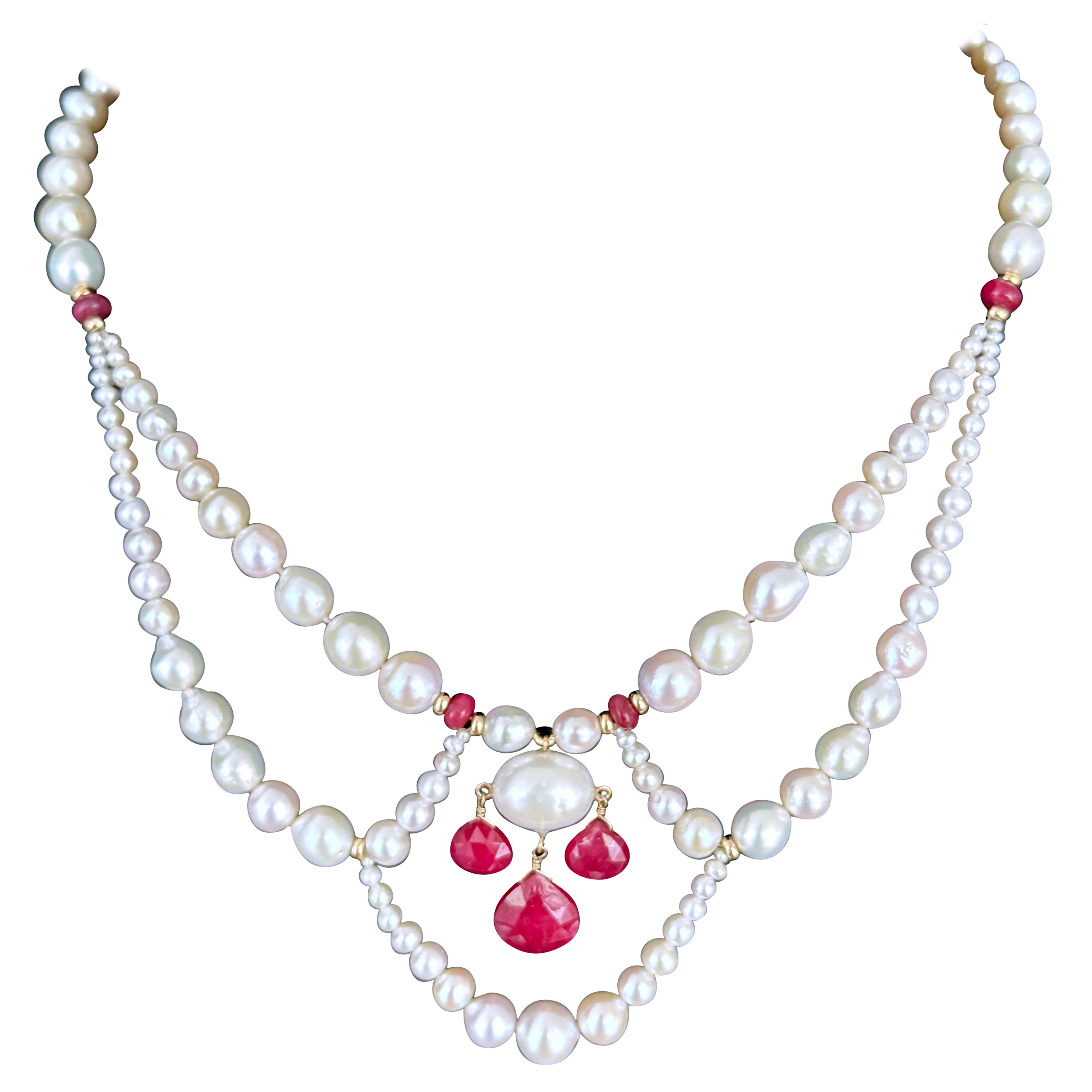 Marina J. Pearl Draped Ruby Chandelier Princess Necklace with Solid 14k Gold