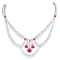 Marina J. Collier princesse en or massif 14k avec drapé de perles et chandelier de rubis