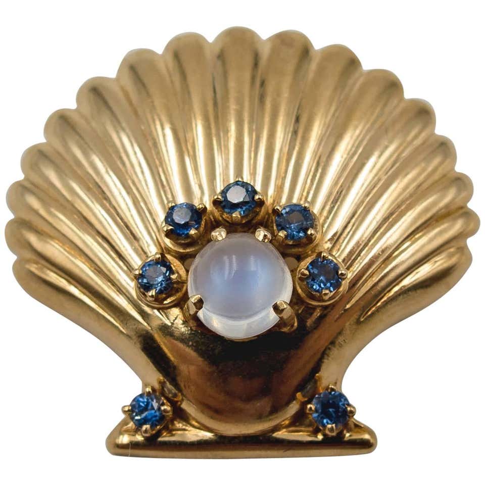 Charming Moonstone and Montana Sapphire Shell Pin For Sale at 1stDibs ...