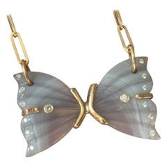 BUTTERFLY NECKLACE, Laguna-Achat, Diamanten, Gold auf großer 14k Papierklammerkette
