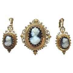 Victorian Onyx Cameo Gold Pendant Brooch and Earrings Ensemble