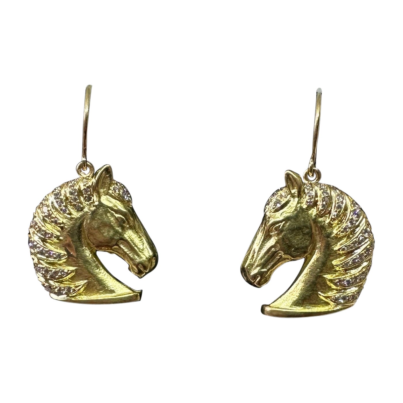 Orecchini con diamanti Testa di cavallo 80 Francia Oro 18 carati Dangle Drop Retro MidCentury