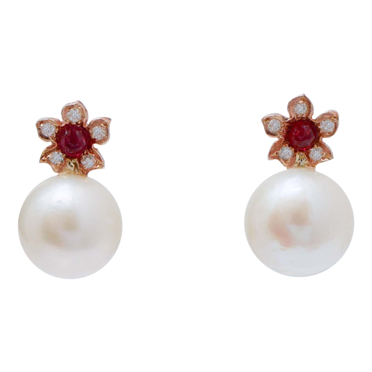 12 Mm Pearls, Rubies, Diamonds, Rose Gold Earrings.