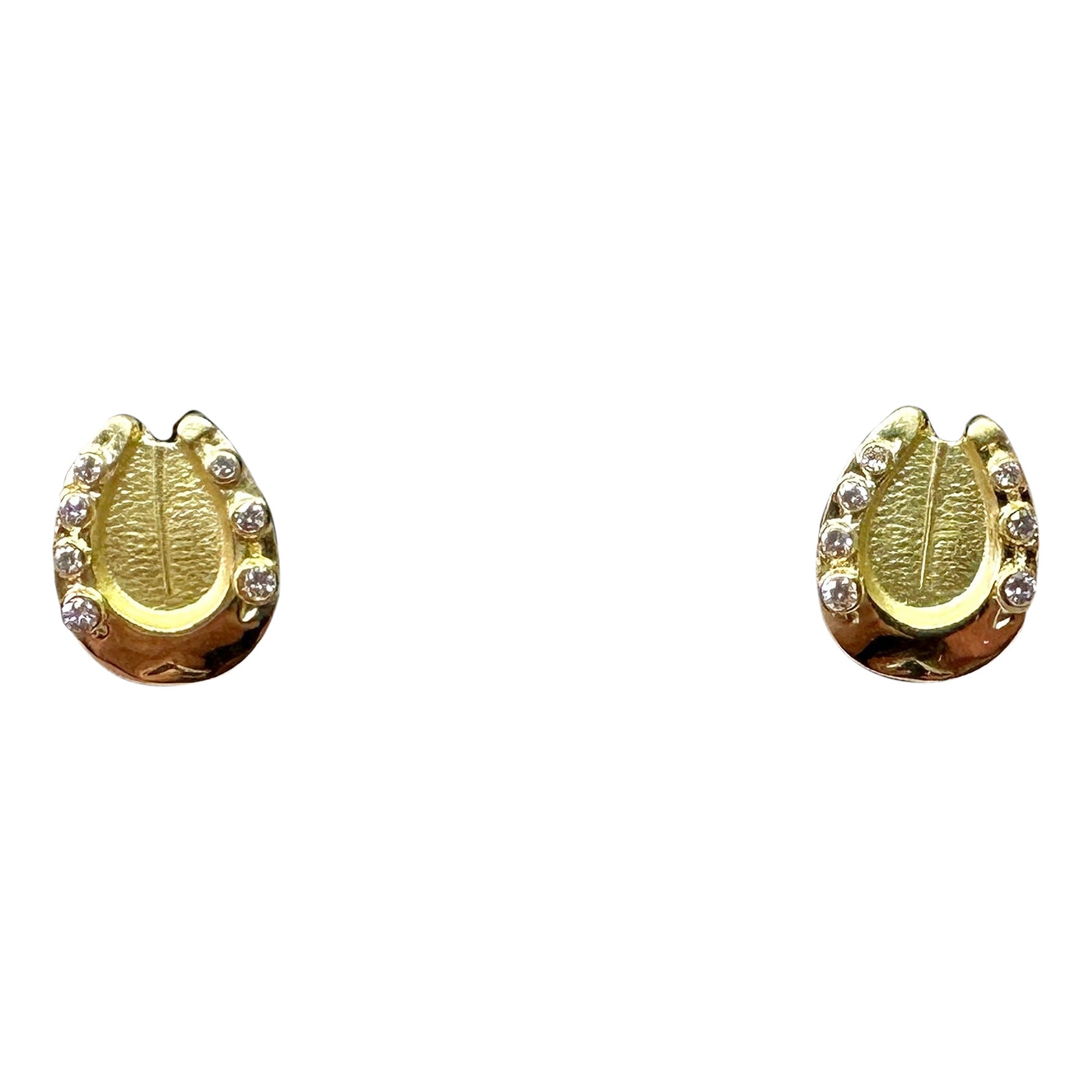 Boucles d'oreilles fer à cheval rétro Good Luck France en or jaune 18 carats et 14 diamants en vente