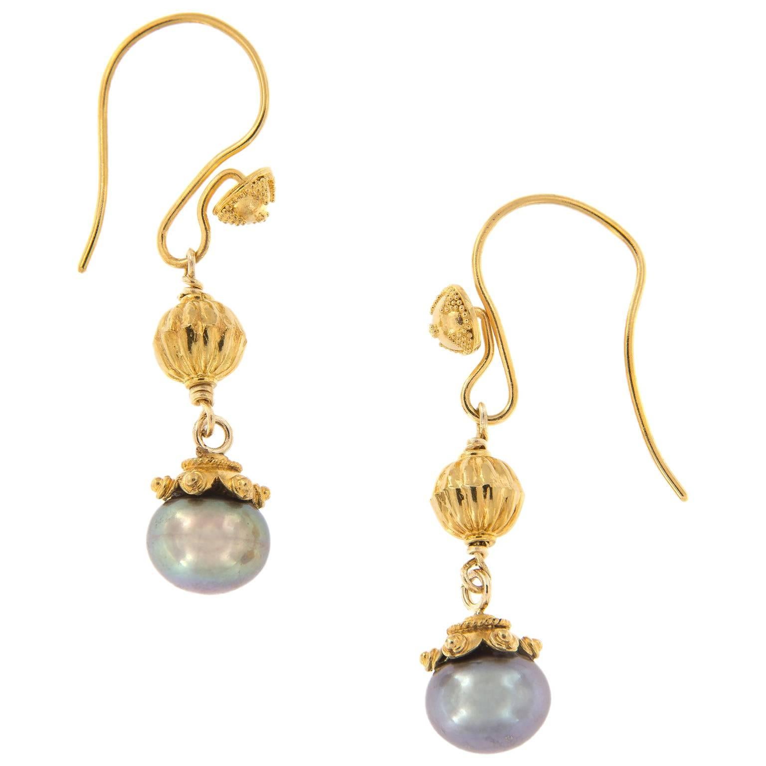 Susan Hoge Fresh Water Pearl Gold Bead Hook Earrings