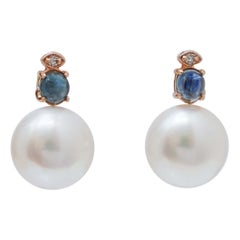 Pearls, Sapphires, Diamonds, 14 Karat Rose Gold Earrings.
