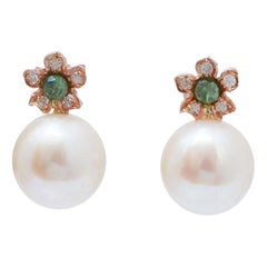 Pearls, Emeralds, Diamonds, Rose Gold Flower Earrings.