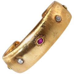 1940s Buccellati Ruby Diamond Gold Cuff Bracelet