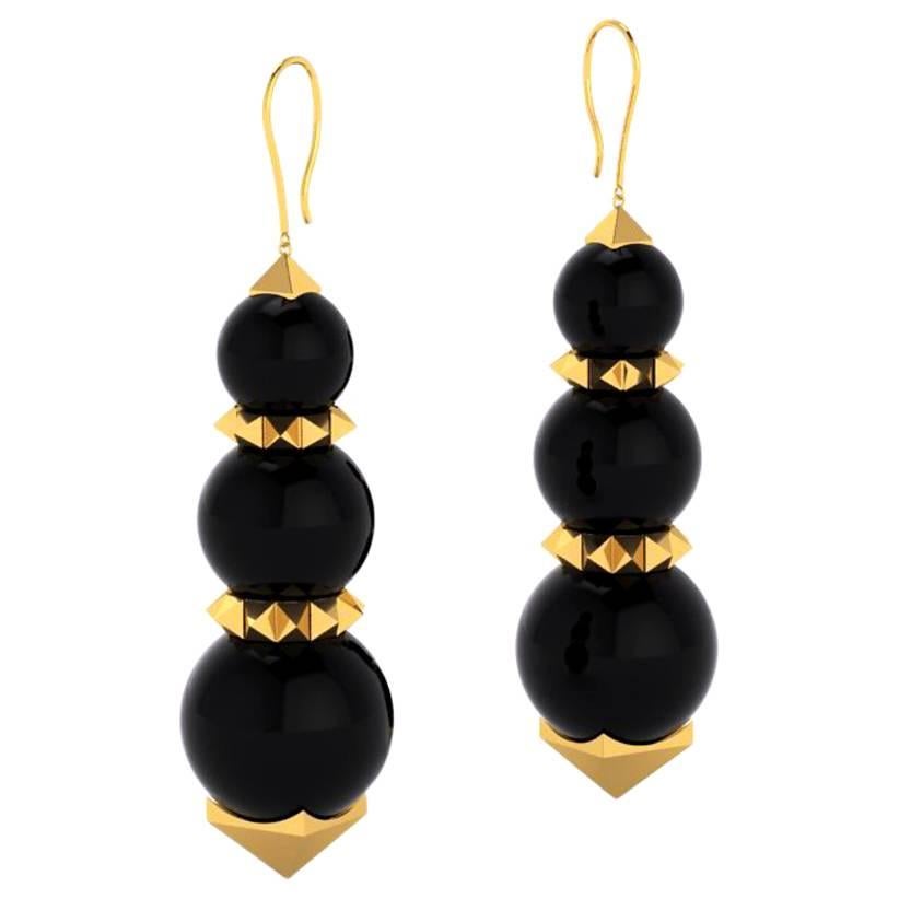 Ferrucci Black Onyx Beads Pyramid Yellow Gold Earrings