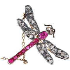 Antique Art Nouveau French Ruby Diamond Dragonfly Brooch