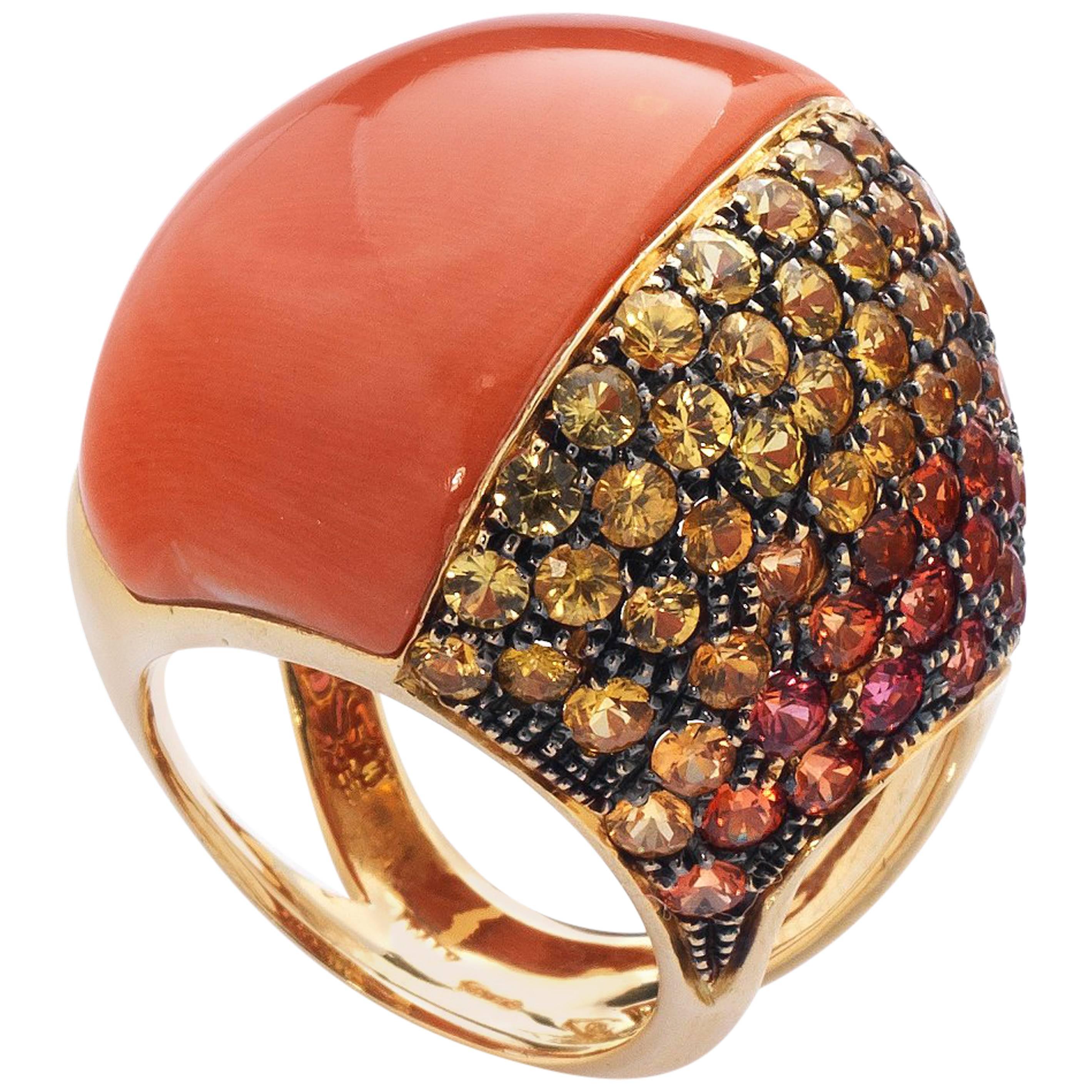 Coral Yellow Orange Sapphire Gold Cocktail Ring For Sale