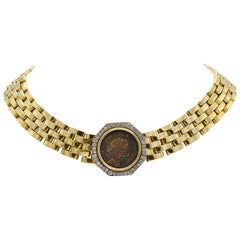 Vintage 1970s Roman Coin Choker Necklace with Diamonds