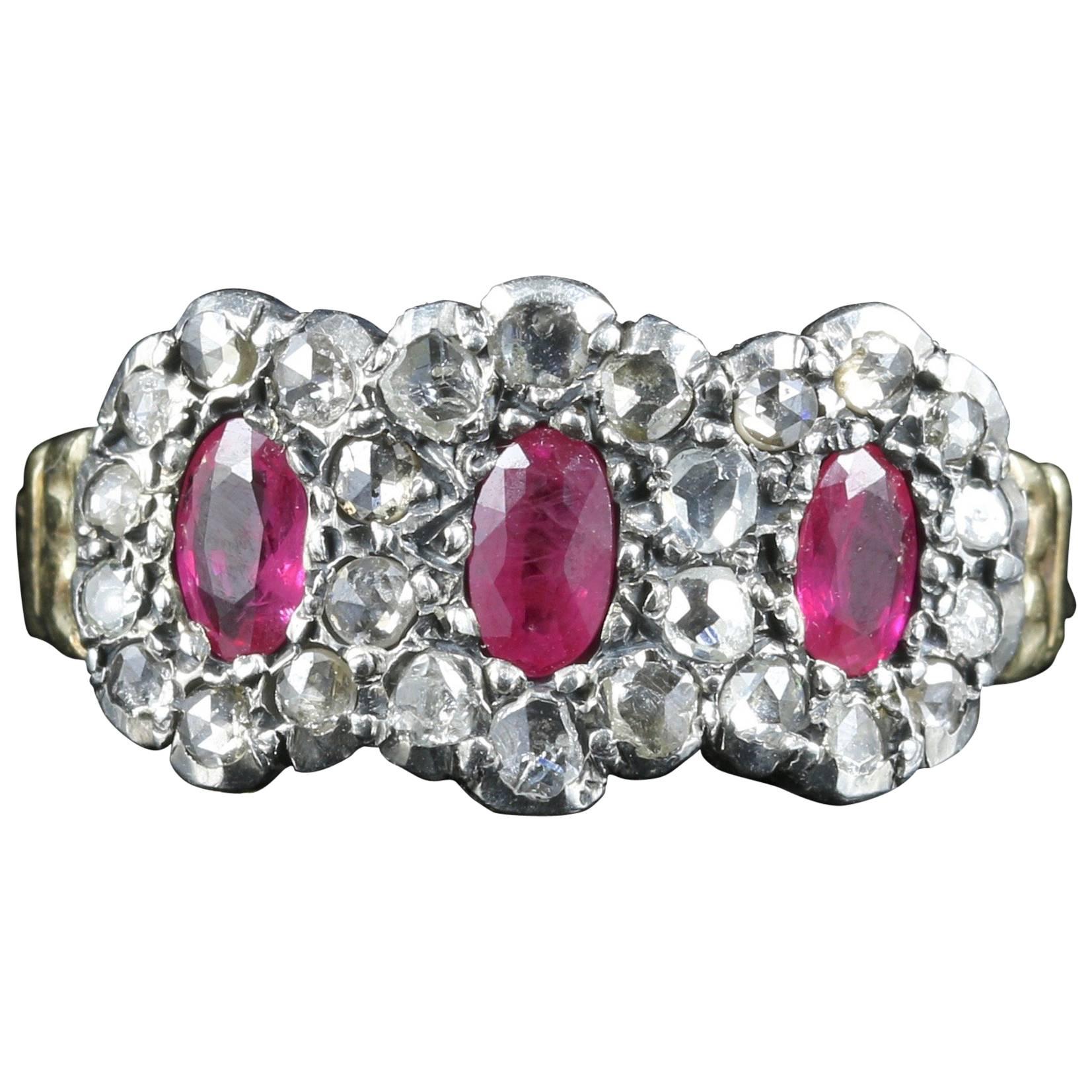 Antique Georgian Ruby Diamond Triple Cluster Ring For Sale