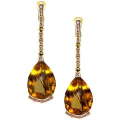 Citrine Pink Sapphire Yellow Gold Swan Drop Earrings One of a kind Handmade