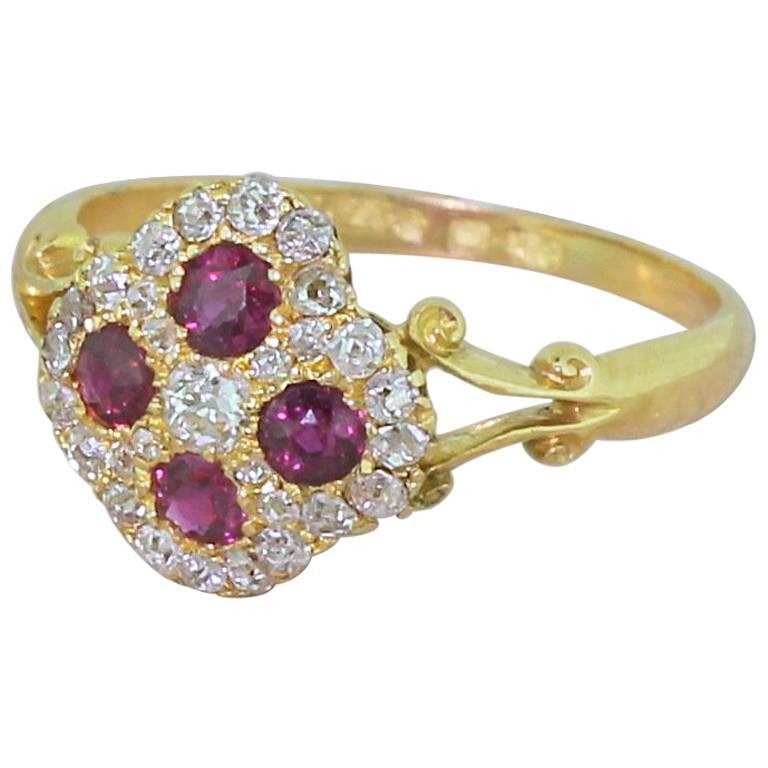 Edwardian Ruby and Old Cut Diamond Cluster Ring For Sale