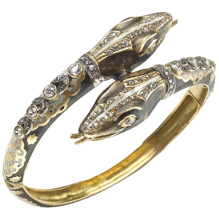 Enamel Diamond Gold Double Headed Snake Bangle Bracelet For Sale at 1stdibs