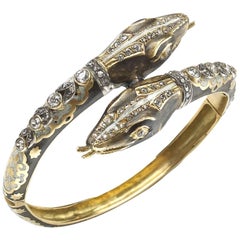 Enamel Diamond Gold Double Headed Snake Bangle Bracelet