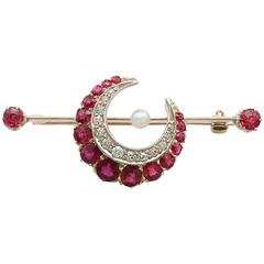 1890s Ruby Diamond Pearl Yellow Gold Crescent Bar Brooch 1