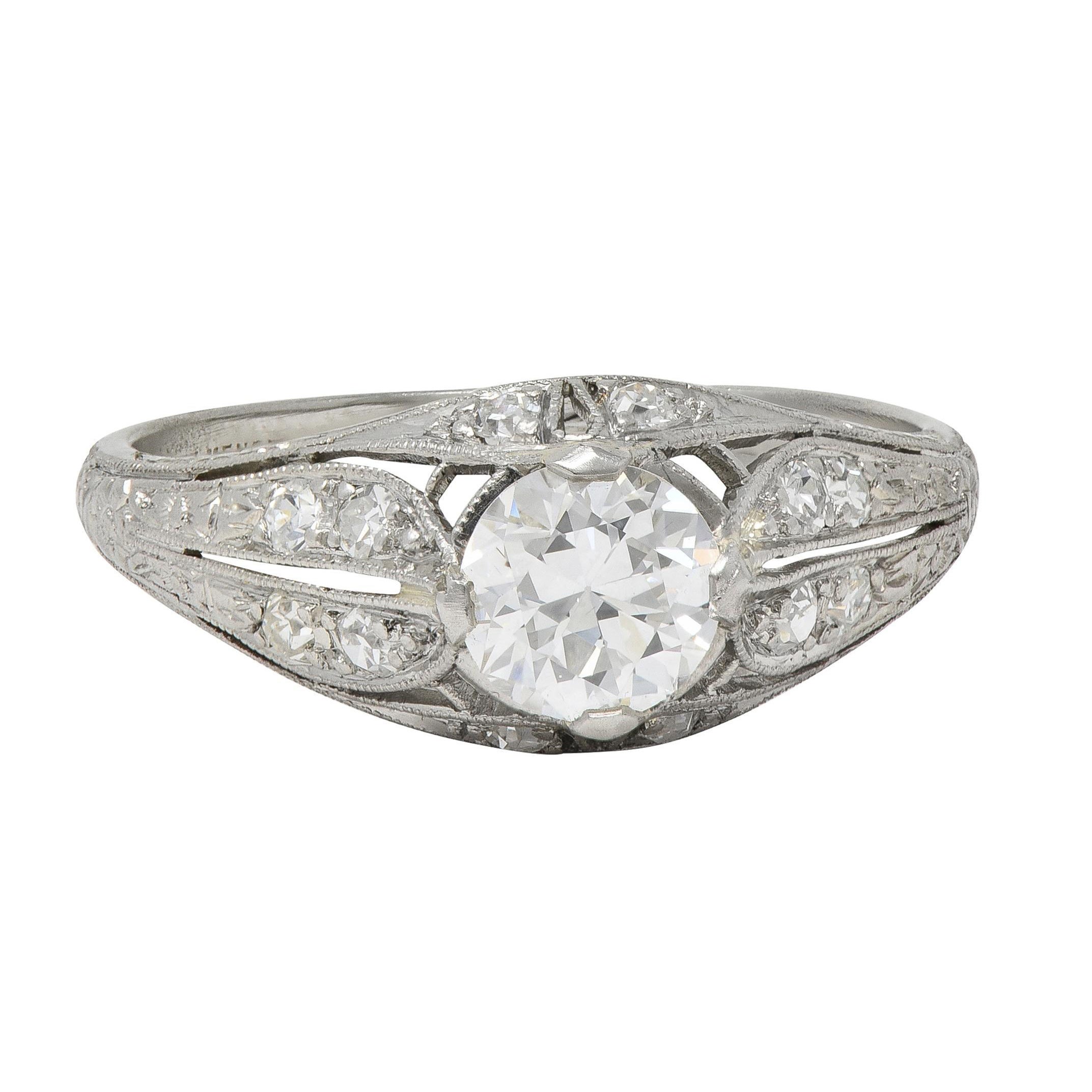 Late Art Deco 0.84 CTW Diamond Platinum Vintage Foliate Bombé Engagement Ring