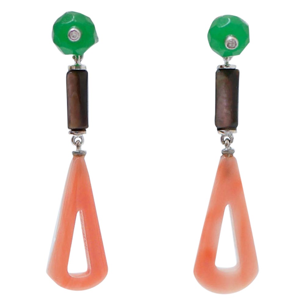 Coral, Jade, Black Stones, Diamonds, Platinum Earrings.