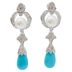 Pearls, Turquoise, Diamonds, Platinum Earrings.