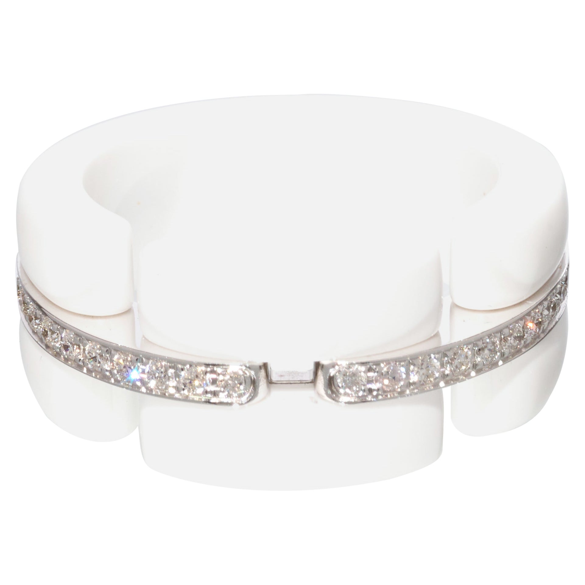 Chanel Gold Diamond Ring Ultra White Ceramic 18k White Gold Wide Band EU 53