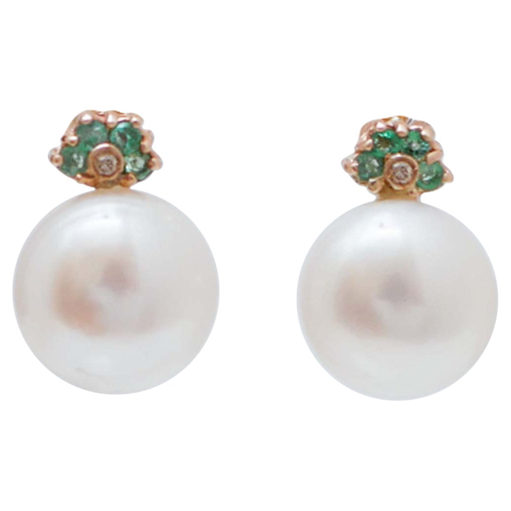10.5 Mm Pearls, Emeralds, Diamonds, 14 Karat Rose Gold Earrings.
