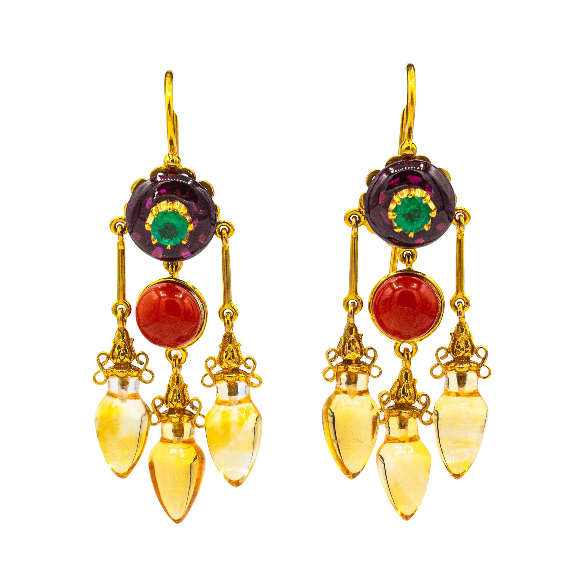 Art Nouveau Mediterranean Red Coral Citrine Garnet Emerald Yellow Gold Earrings