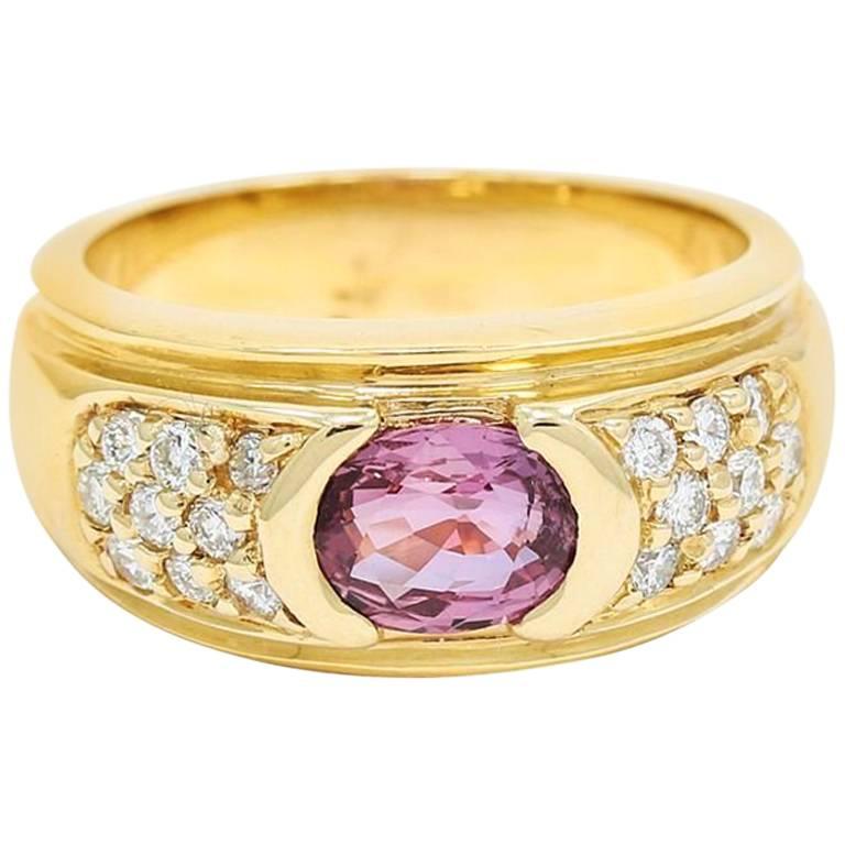 Pink Sapphire Round Diamond Yellow Gold Ring For Sale