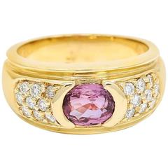 Pink Sapphire Round Diamond Yellow Gold Ring 5