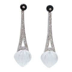 Rock Crystal, Onyx, Diamonds, Platinum Dangle Earrings.