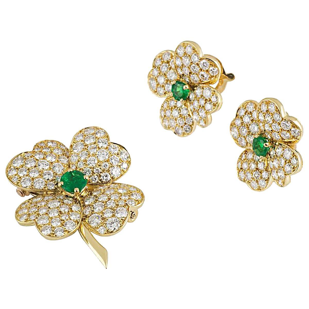 Van Cleef & Arpels Cosmos Diamond Emerald Brooch and Earrings