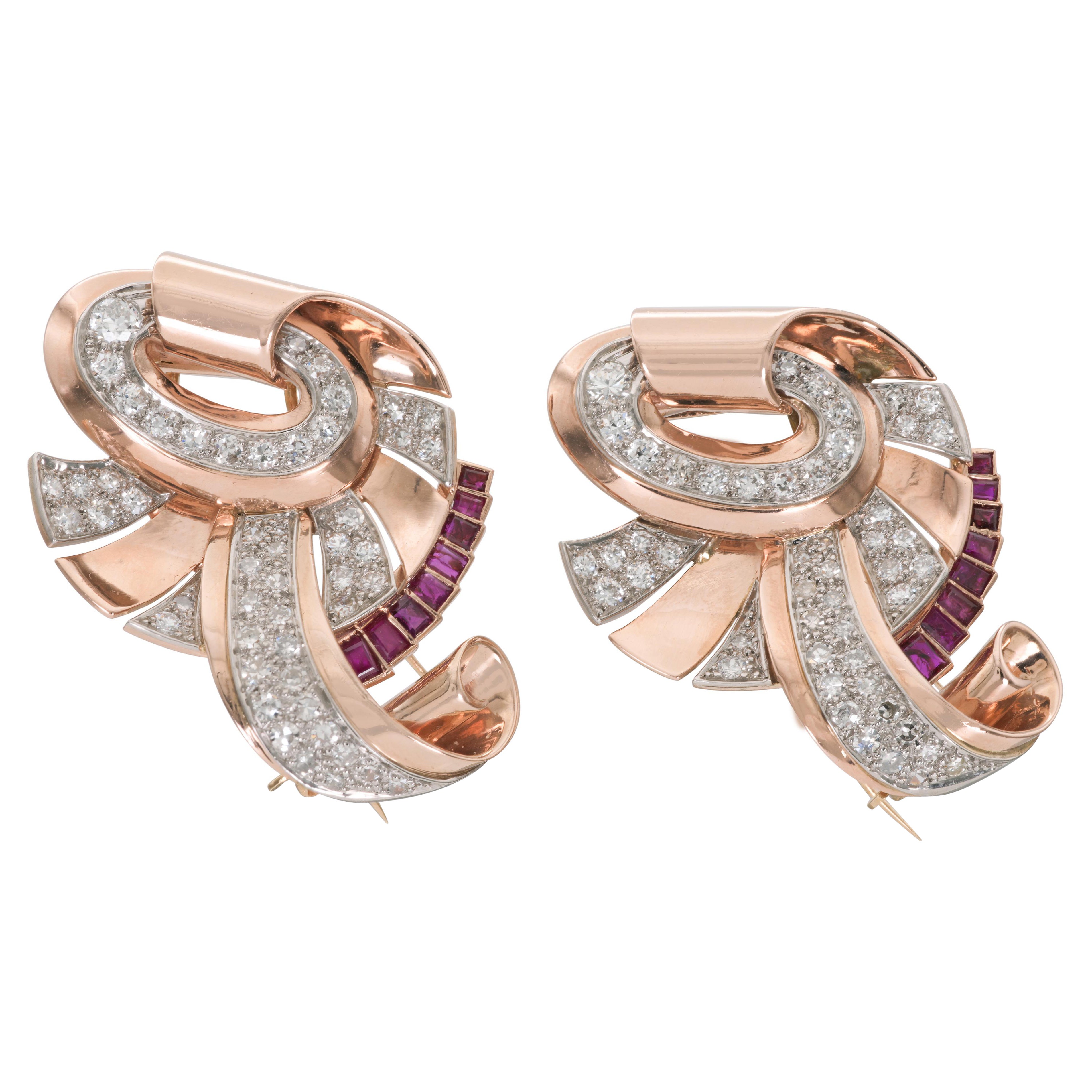 Vintage 1940s Retro Gold Diamond & Ruby Double Clips