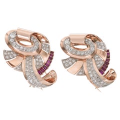 Vintage 1940s Retro Gold Diamond & Ruby Double Clips