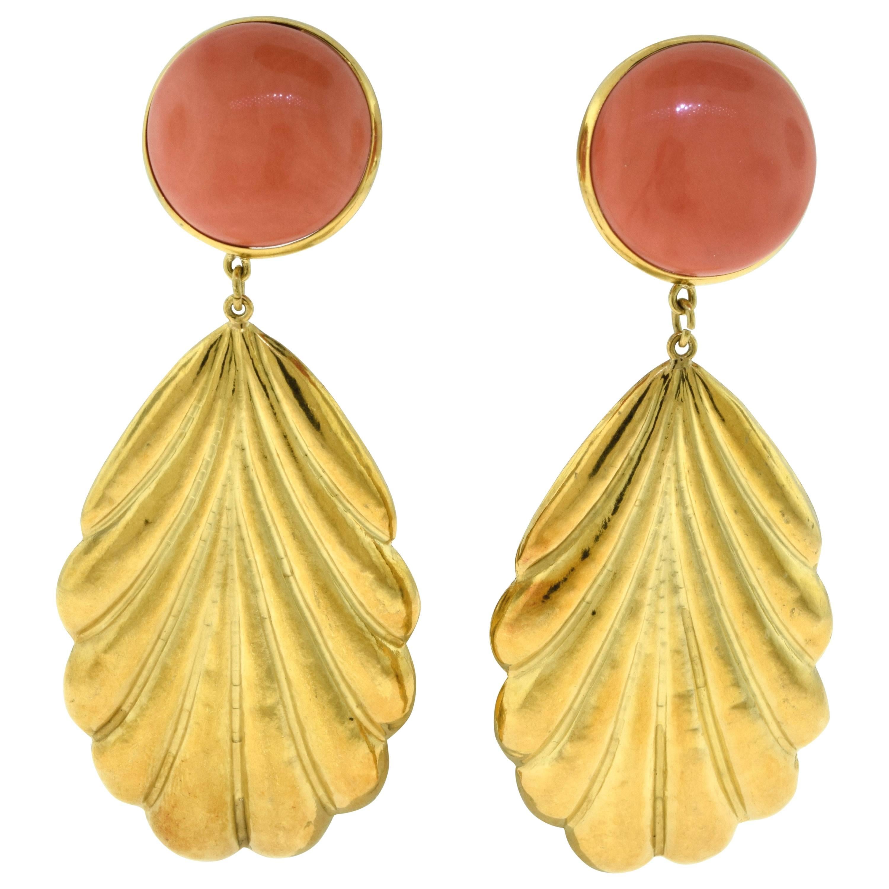 Natural Round Pink Coral Very Large Yellow Gold Leaf Dangle Earrings For Sale