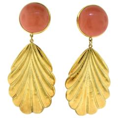 Natural Round Pink Coral Very Large Yellow Gold Leaf Dangle Earrings