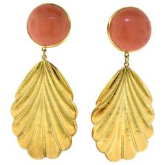 Natural Round Pink Coral Very Large Yellow Gold Leaf Dangle Earrings 3