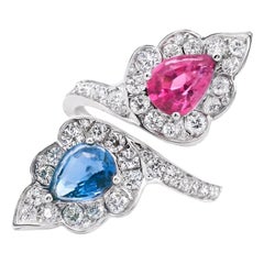Toi et Moi, bague bypass rare en or blanc 18 carats avec double spinelle rose et spinelle bleue
