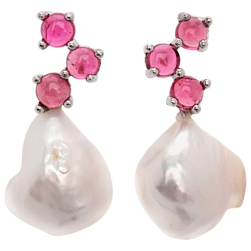 MAVIADA's Cavallo Baroque Pearl Pink Tourmaline 18k white  yellow Gold Earrings