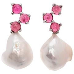 Cavallo Freshwater Baroque Pearl Pink Tourmaline Solid Gold Earrings 6