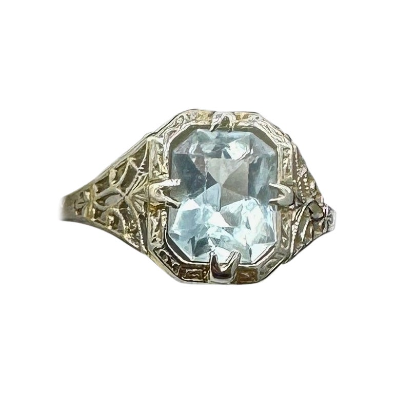 Art Deco Aquamarin-Verlobungsring 14 Karat Weißgold Filigraner Verlobungsring