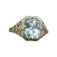 Anillo Art Decó Aguamarina Oro Blanco 14 Kilates Alianza Filigrana