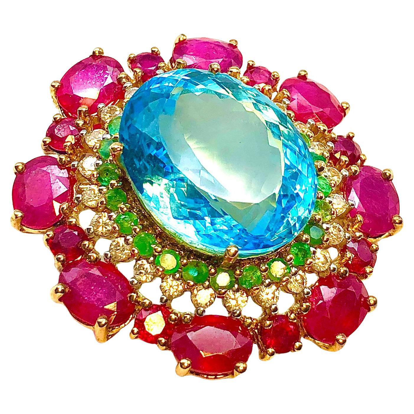Bochic “Orient” Ruby, Blue Topaz & Diamond Brooch or Pendent Set In 18K Gold &