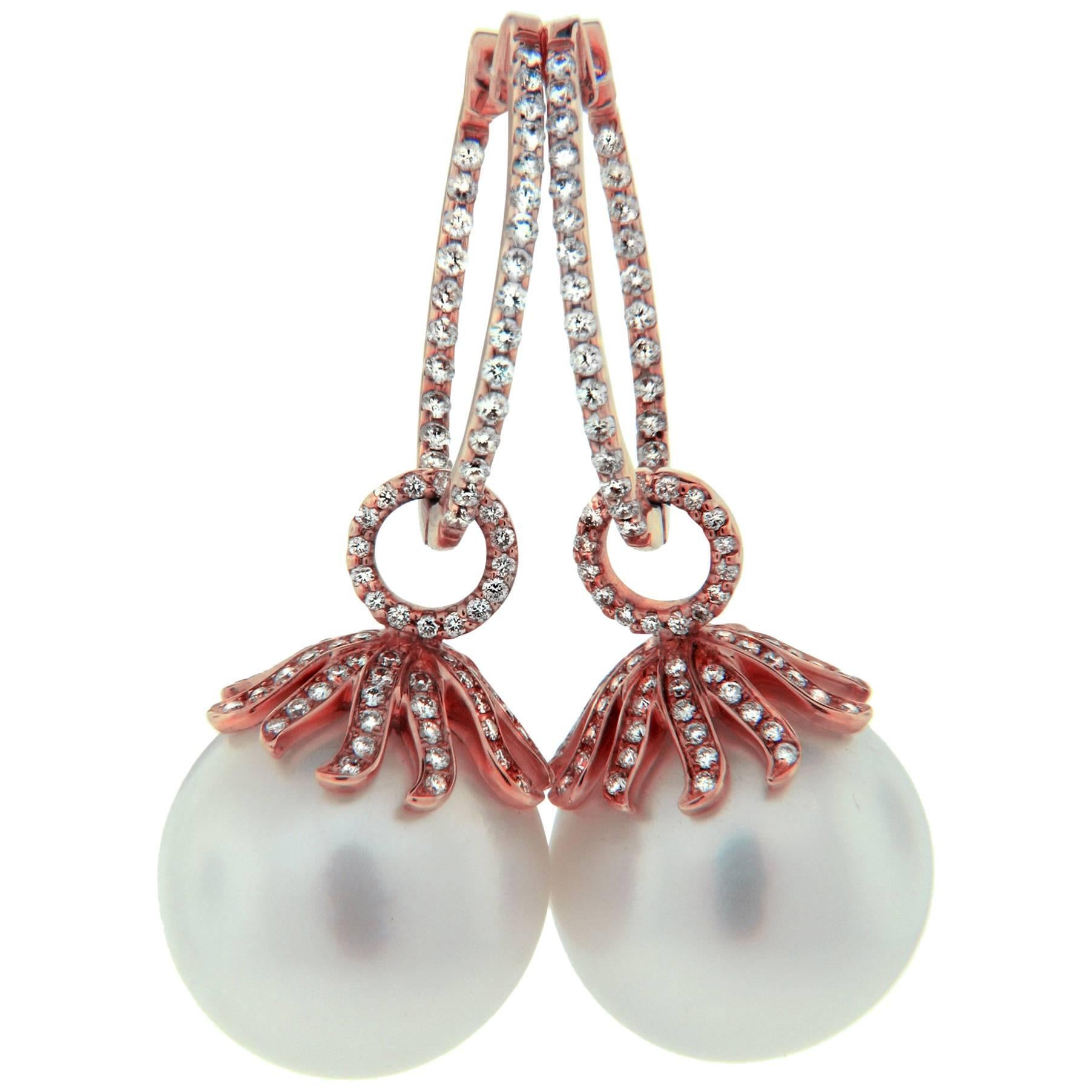 New Rose Gold, South Sea Pearl, Diamond Drop Earrings, Removable Dangle For Sale