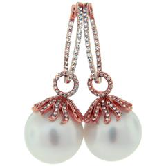New Rose Gold, South Sea Pearl, Diamond Drop Earrings, Removable Dangle