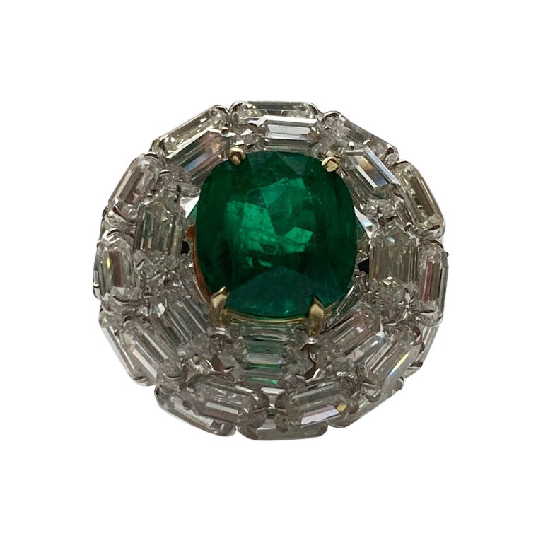 Colombian Cushion-Cut Emerald Ring with Diamond Accents, Gübelin Certified