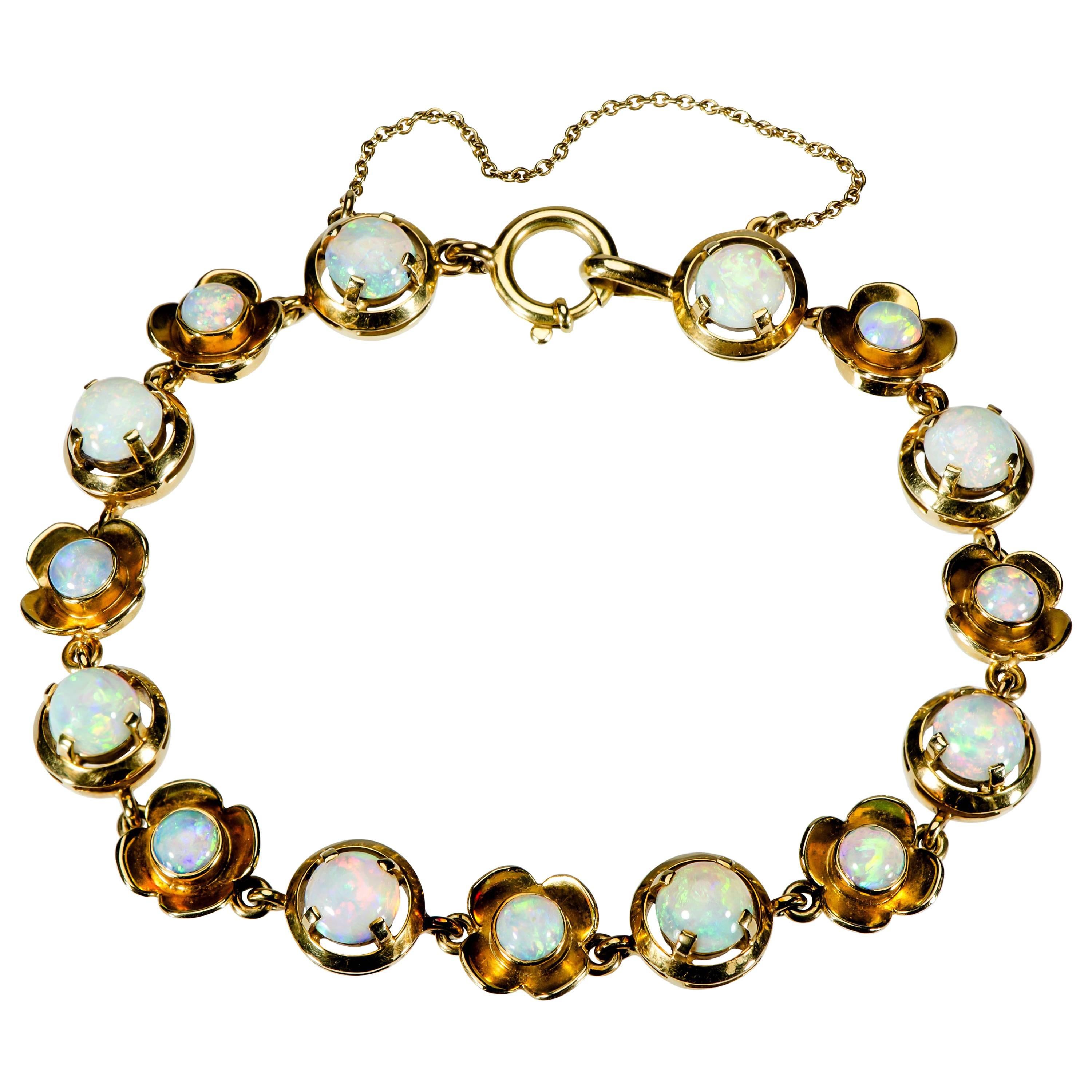 Attractive Ladies Opal Yellow Gold circa 1960 Flexible Bracelet For Sale